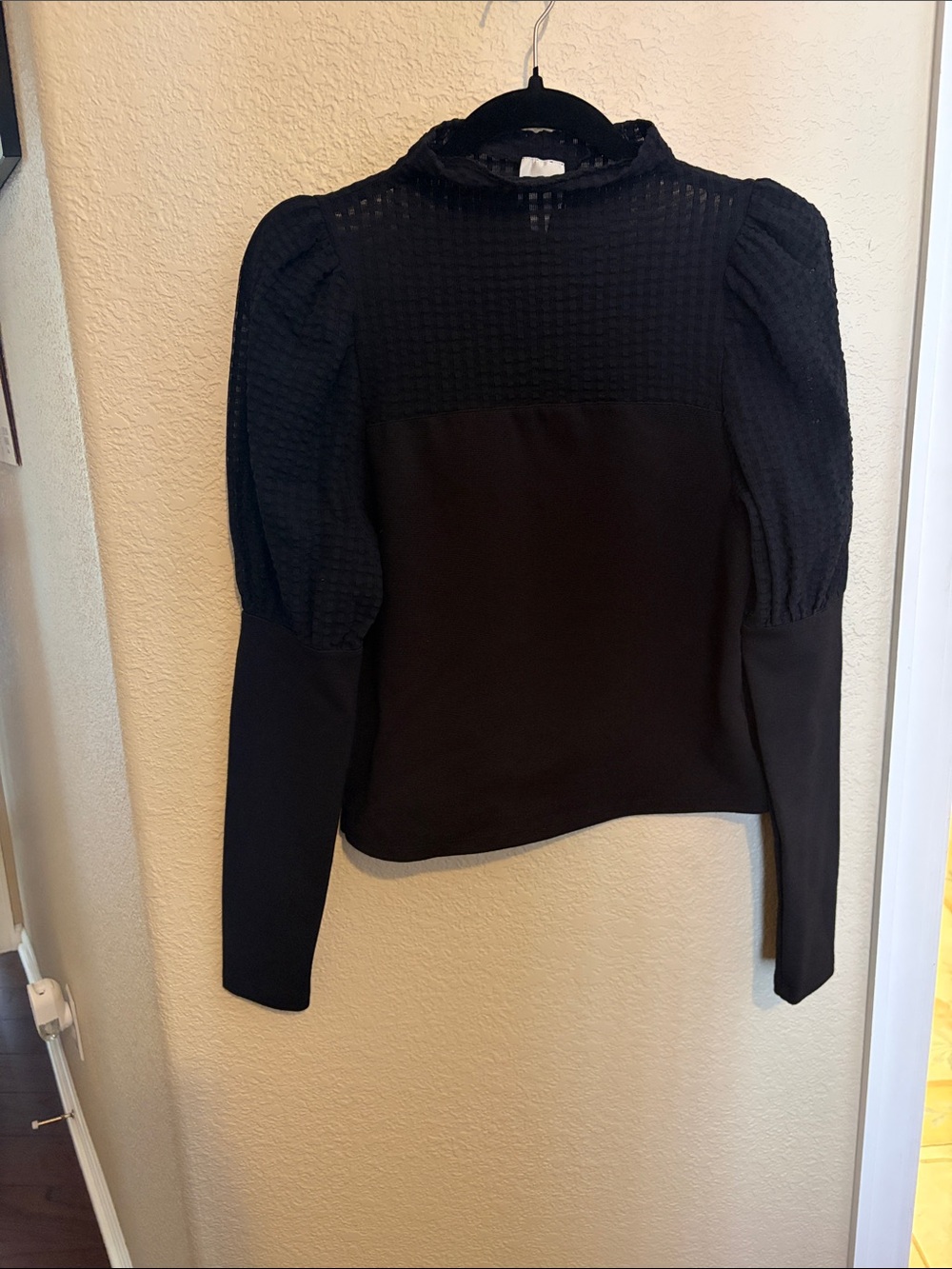 Maeve Black Puff Sleeve Mock Neck Women's Top